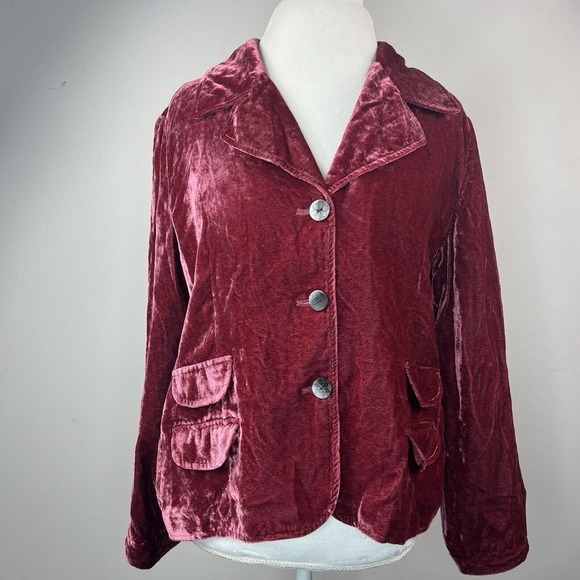 J. Jill Red Burgandy Crushed Velvet Blazer Jacket Size LP Large Petite - Picture 1 of 11